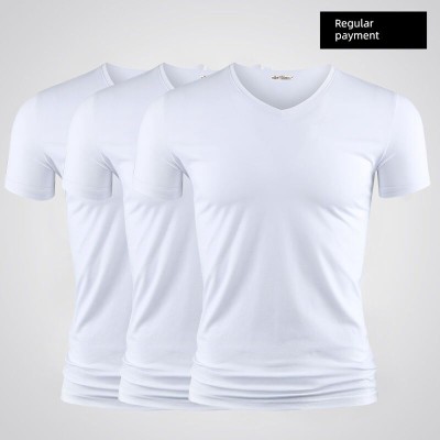 Modal Men's Solid Color and V-neck Slim-Fit Ice Silk Short Sleeve Shirt