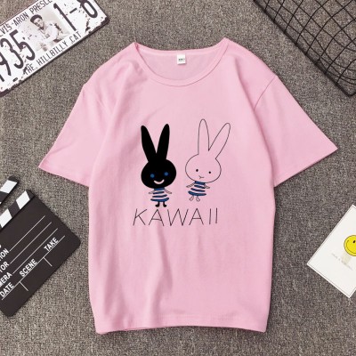 白色T恤女士优雅短袖T恤卡通兔印花圆领T恤轻便女士T恤